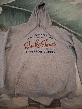 Jack & Jones Light Gray Hoodie with Red & Blue Logo